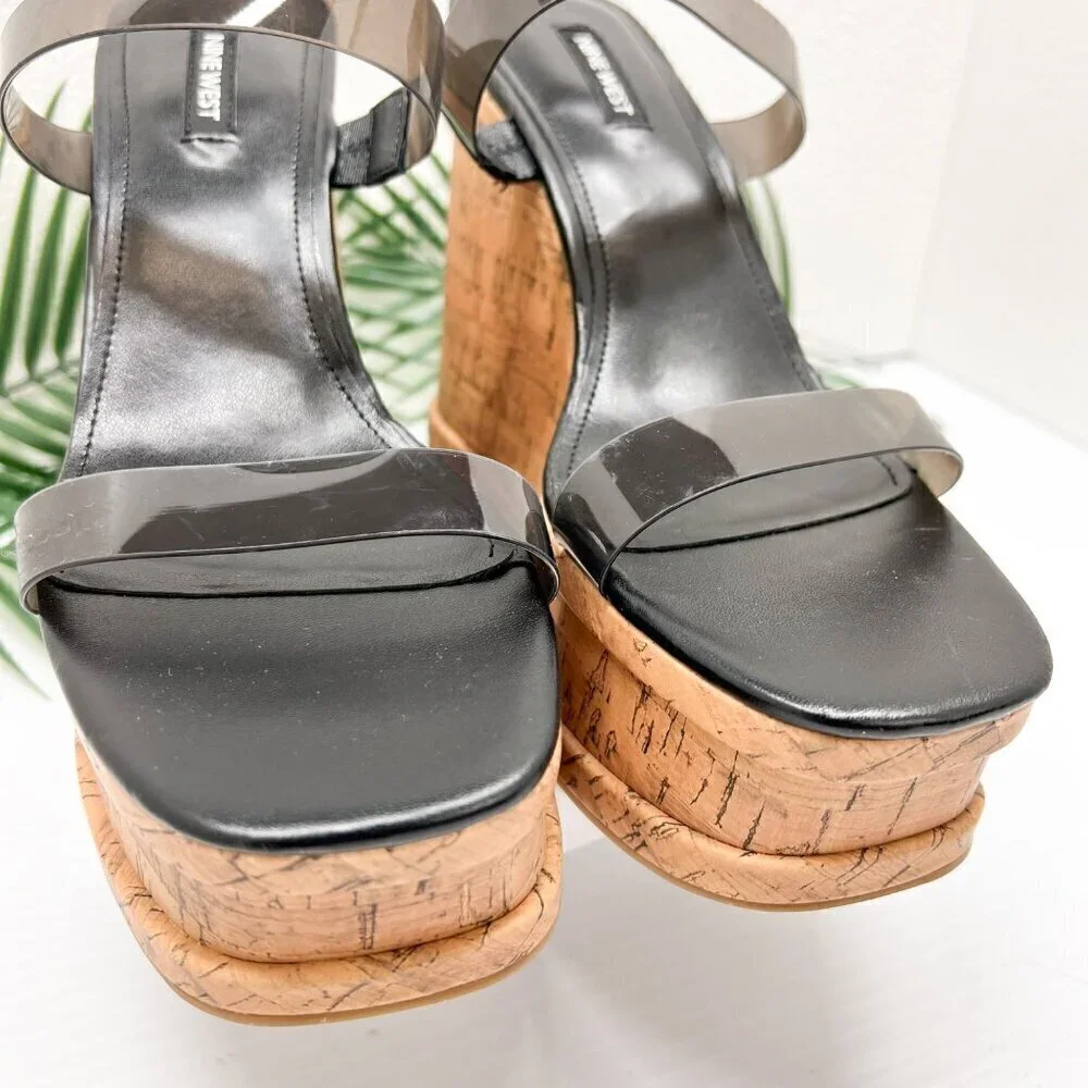 Nine West Rapps Platform Wedge Sandals Size 9.5 Black Tan Square Open Toe